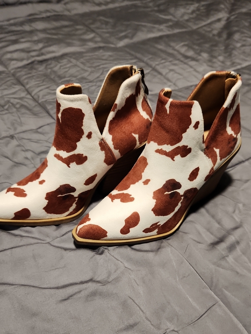 Cow-Print Ankle Booties in Brown & White – Slip-On Wedge Style